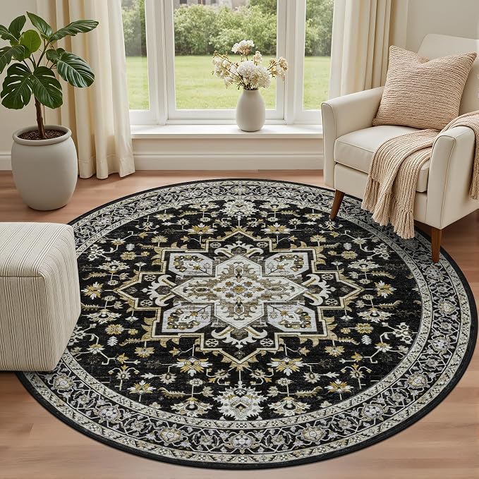 Round Area Rug for Living Room: 6ft Washable Vintage Boho Soft Thin Circle Rug - Image 2