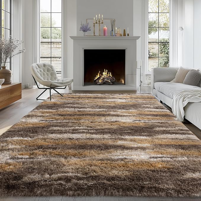 Fluffy Rugs for Living Room Bedroom, 5x7 Feet Abstract Brown Shag Area Rugs - Image 2