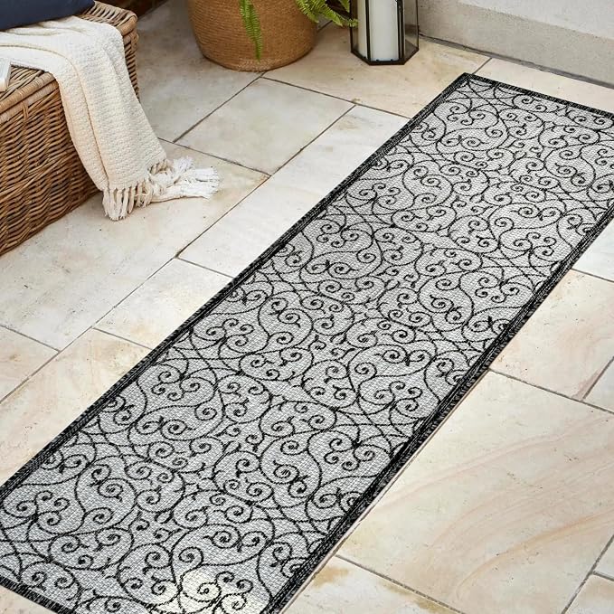 JONATHAN Y Vintage Filigree Indoor Outdoor Runner Rug 2X8 Light Gray/Black - Image 3