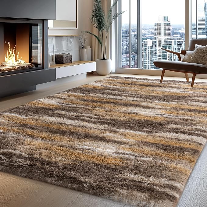 Fluffy Rugs for Living Room Bedroom, 5x7 Feet Abstract Brown Shag Area Rugs by WISHTREE