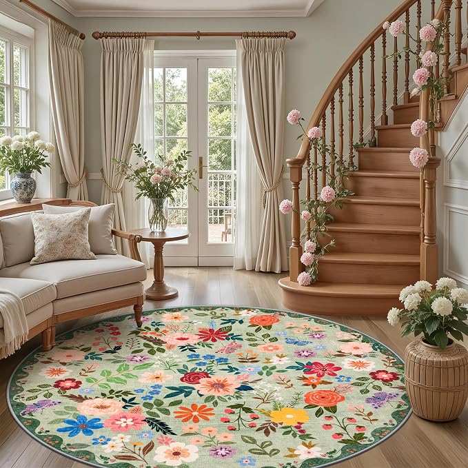 Round Area Rug for Living Room: 8 ft Floral Washable Circle Rug Soft Boho - Image 5