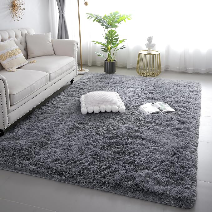 KICHOWUA 6x9 Grey Fluffy Shag Rug by KICHOWUA