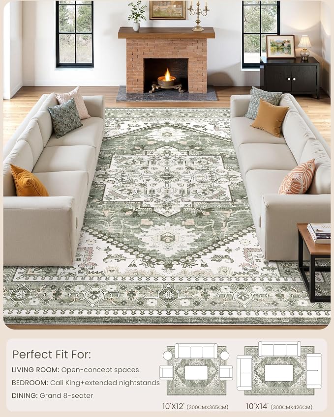 10x14 Vintage Area Rug: Washable Neutral Soft Non Slip Thin Large Floor Carpet - Image 9
