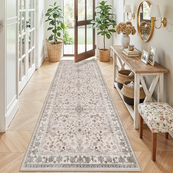 3x8 Hallway Runner Rug Washable Non-Slip – Boho Floral Soft Wide Carpet Runner by BYYVOORugsforYourHome