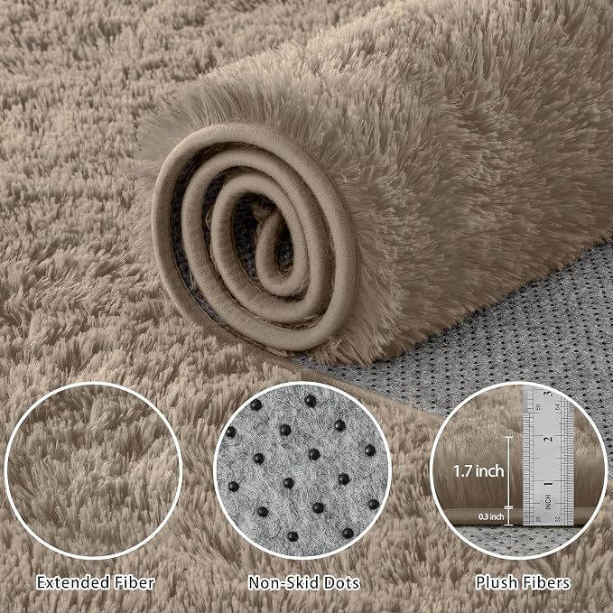 5x7 Area Rug for Living Room:Ultra Soft Fluffy Shag Grey Camel Rugs, Large - Image 6