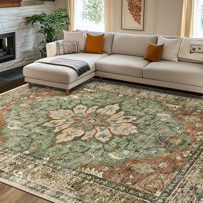 RELEANY Area Rugs 7'x10' Washable Non-Slip, Floral Vintage Distress Medallion by RELEANY