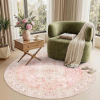 Latte&Fog Vintage 4ft Pink Round Area Rug, Floral Cute Low Pile Non Slip Indoor - Image 3