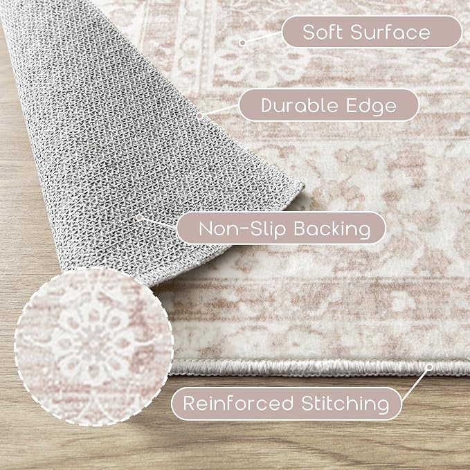 Pink Nursery Rug for Baby Girl 5 x 7 Neutral Blush Pink Boho Cute Floral - Image 3