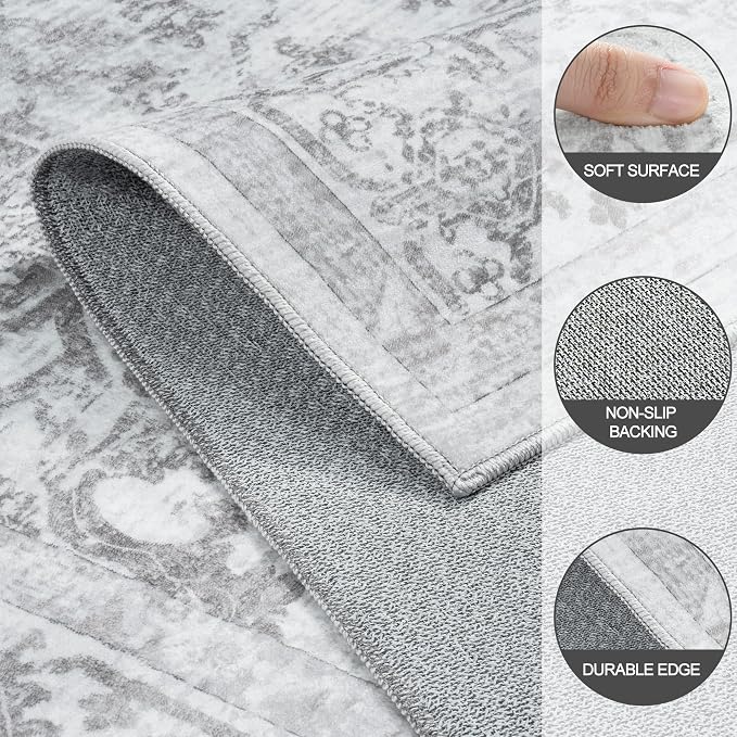6x9 Area Rugs for Bedroom:Gray Washable Vintage Medallion Rug Non-Slip Soft Low - Image 8