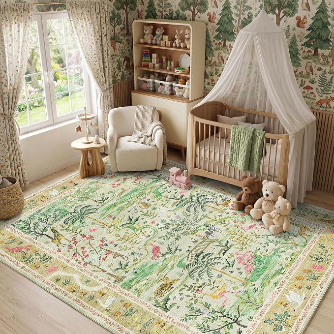 8x10 Washable Rug for Living Room Green Animal Print Large Bedroom Rugs Non - Image 3