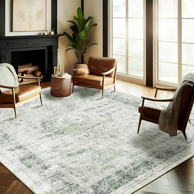 CHAMPLANT Washable Area Rug 10'x14' Floral Green Boho Design Non-Shedding Easy by CHAMPLANT