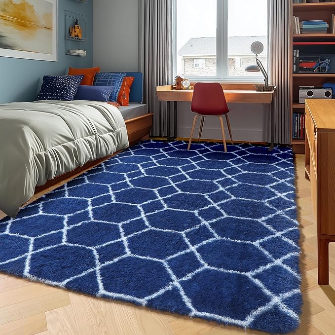 ONASAR Area Rugs for Bedroom Living Room, 4x6 Fluffy Navy Blue and White Throw by ONASAR