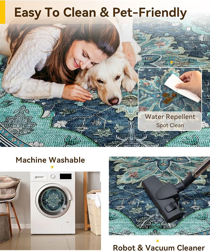 RELEANY Area Rugs Round 10ft Washable Non-Slip, Floral Vintage Distress - Image 5