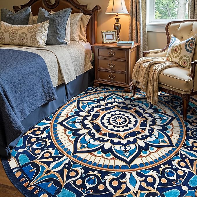 jinchan Mandala Round Rug 8ft Blue Boho Washable Rug Moroccan 8' Round Modern - Image 2