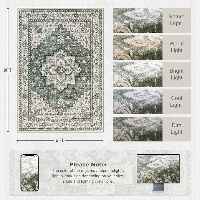 6x9 Area Rugs Living Room Rug: Washable Vintage Boho Medallion Rug No Slip - Image 2