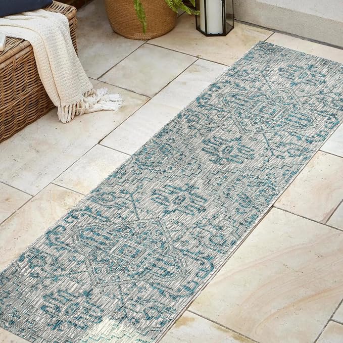 JONATHAN Y Boho Medallion Indoor Outdoor Runner Rug 2X8 Teal/Gray, Estrella - Image 3