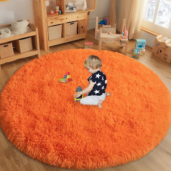 Round Orange Rug for Bedroom, 7 ft Circle Area Rugs for Living Room, Soft Large - Image 3