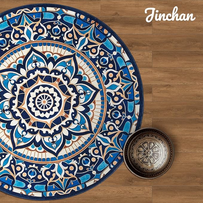 jinchan Mandala Round Rug 8ft Blue Boho Washable Rug Moroccan 8' Round Modern - Image 9