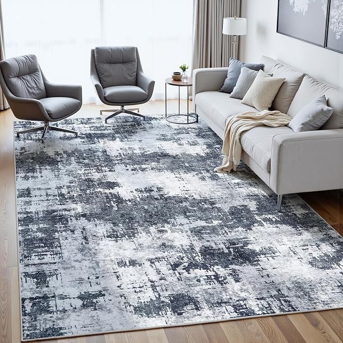 4x6 Area Rugs for Living Room Washable: Abstract Soft Thin Low Pile Black Rug - Image 3