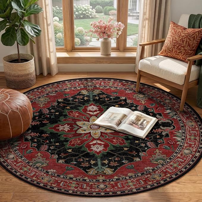 RELEANY Area Rugs Round 4ft Washable Non-Slip, Floral Vintage Distress - Image 2