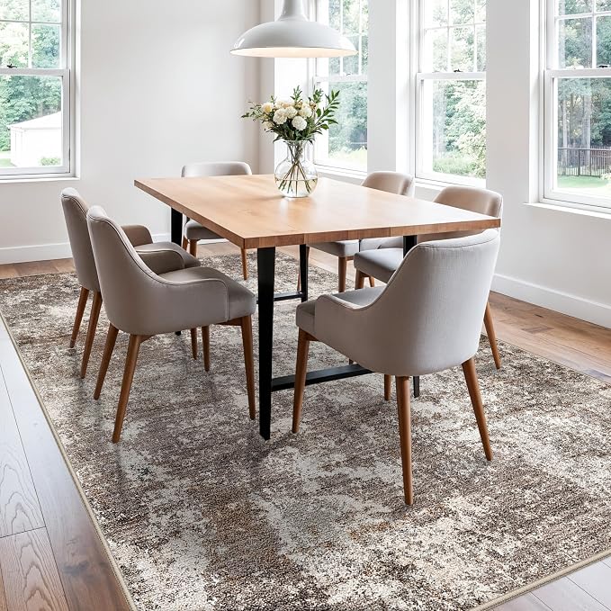 7x9 Modern Living Room Rug – Washable Neutral Abstract Area Rug - Image 9