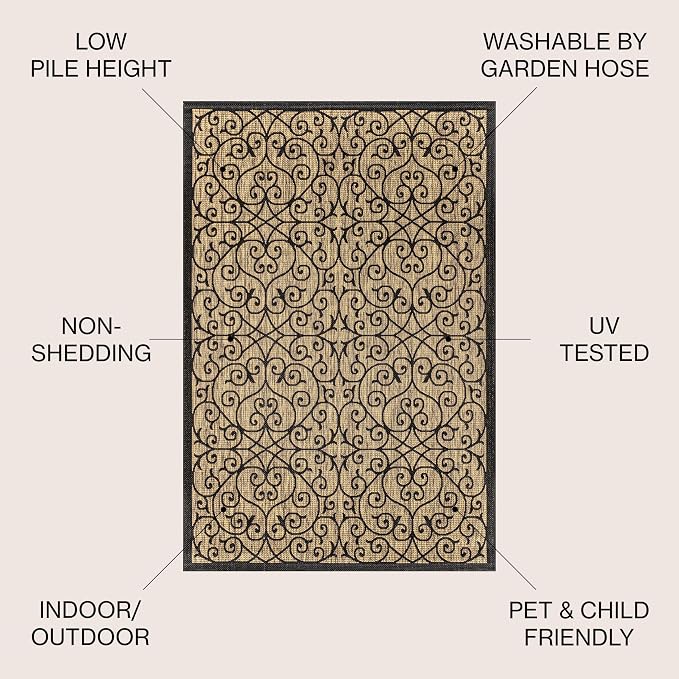 JONATHAN Y Vintage Filigree Indoor Outdoor Area Rug 8X10 Black/Khaki, Madrid - Image 2