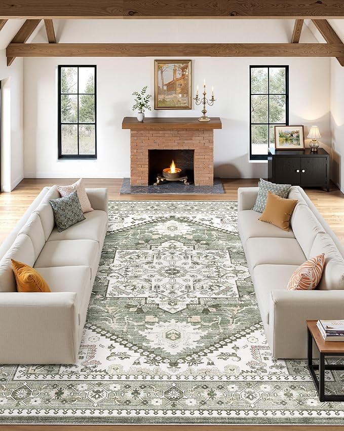 8x10 Vintage Area Rug: Washable Neutral Soft Non Slip Thin Large Floor Carpet - Image 2
