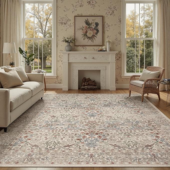 DCX Beige 8x10 Area Rugs, Machine Washable Non Slip Stain Resistant Soft by DCXWashableRug