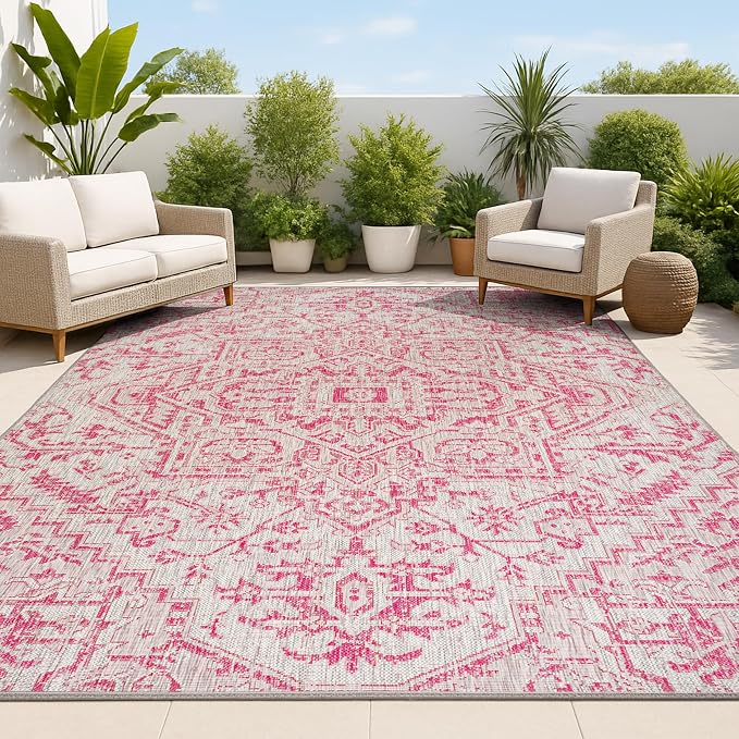 JONATHAN Y Boho Medallion Indoor Outdoor Area Rug 3X5 Light Gray/Fuchsia by JONATHANY