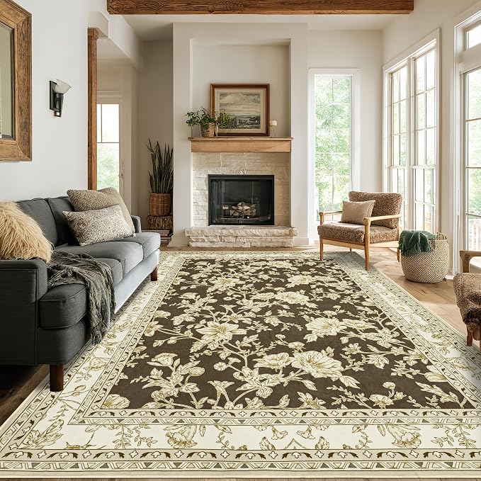 Browm Boho Living Room Rug 5x8, Washable Low Pile Non Slip Area Rugs - Image 8