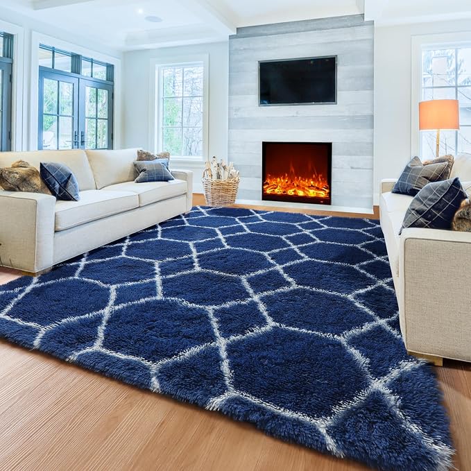 ONASAR Area Rugs for Bedroom Living Room, 4x6 Fluffy Navy Blue and White Throw - Image 6