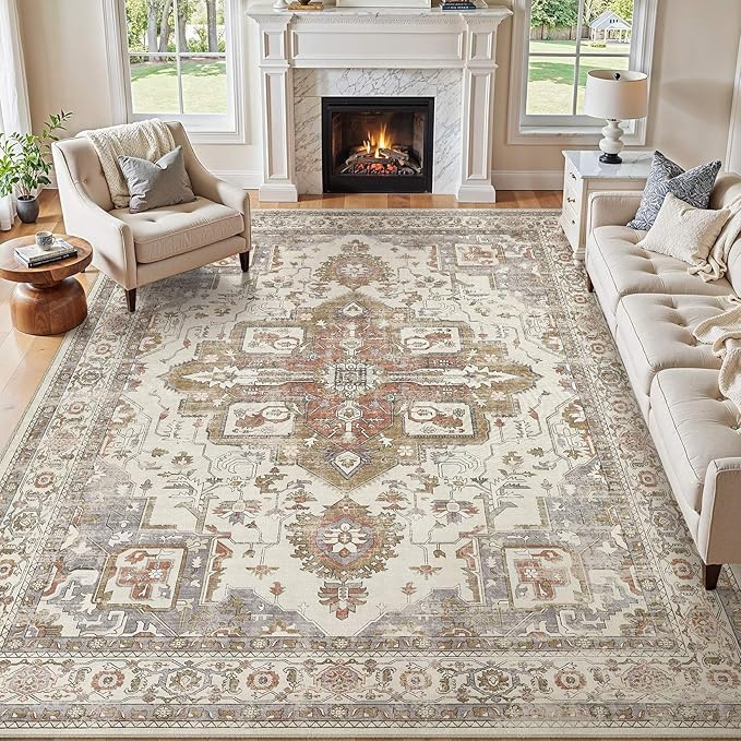 9x12 Washable Area Rugs for Living Room, Large Rug Non Slip Backing Vintage by JessibouAreaRug