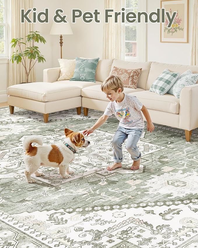 10x14 Vintage Area Rug: Washable Neutral Soft Non Slip Thin Large Floor Carpet - Image 7