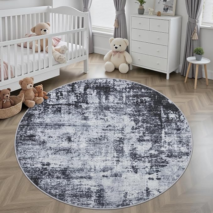 Round Area Rug for Living Room: 4 ft Washable Modern Abstract Soft Thin Rug - Image 3