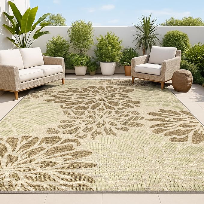 JONATHAN Y Floral Textured Weave Indoor Outdoor Area Rug 6X9 Sage/Brown by JONATHANY