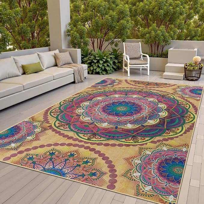 Arenarug Meditation Indoor Outdoor Rug 4x6 ft Mandala Pattern Rug Boho Style by ArenaRug