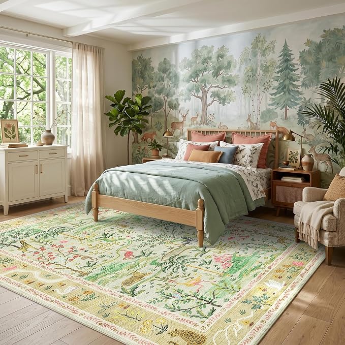 8x10 Washable Rug for Living Room Green Animal Print Large Bedroom Rugs Non - Image 2