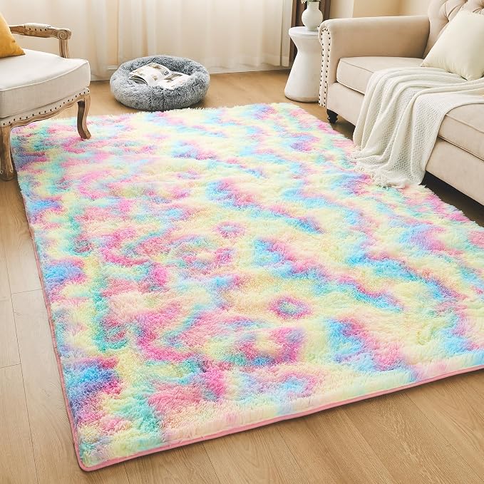 Litanika 4x6 Shag Area Rug for Living Room Bedroom, Tie-Dyed Rainbow High Pile by Litanika