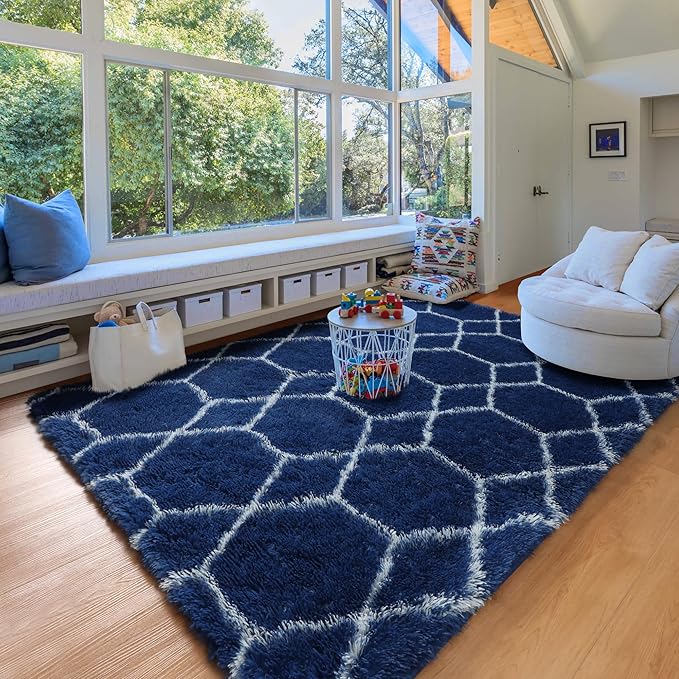 ONASAR Area Rugs for Bedroom Living Room, 4x6 Fluffy Navy Blue and White Throw - Image 9