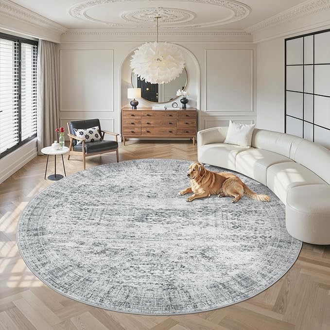 Soalmost 8x8 Grey Round Rug 8ft Living Room Circle Rug Vintage Round Area Rug by Soalmost