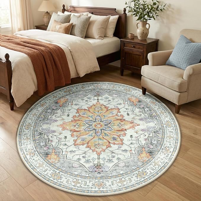 RELEANY Area Rugs Round 5ft Washable Non-Slip, Floral Vintage Distress by RELEANY