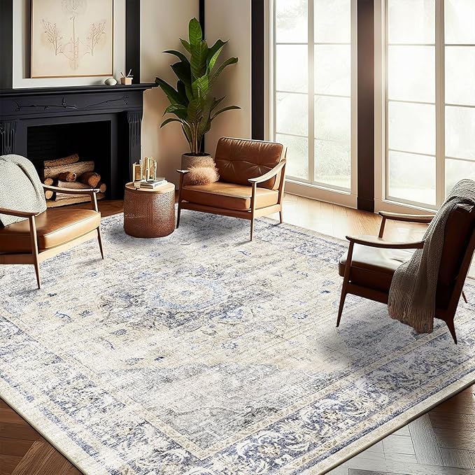 CHAMPLANT Washable Area Rug 9'x12' Floral Blue Boho Design Non-Shedding Easy by CHAMPLANT