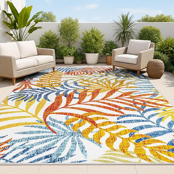 JONATHAN Y Tropics Palm Leaves Indoor Outdoor Area Rug 4X6 Cream/Orange by JONATHANY