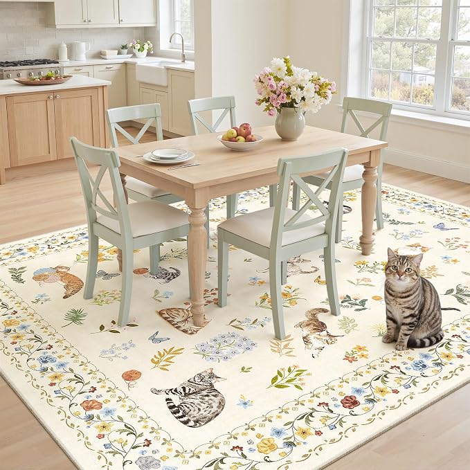 Soalmost Cat 5x7 Area Rugs for Living Room, Machine Washable Animal Floral - Image 4