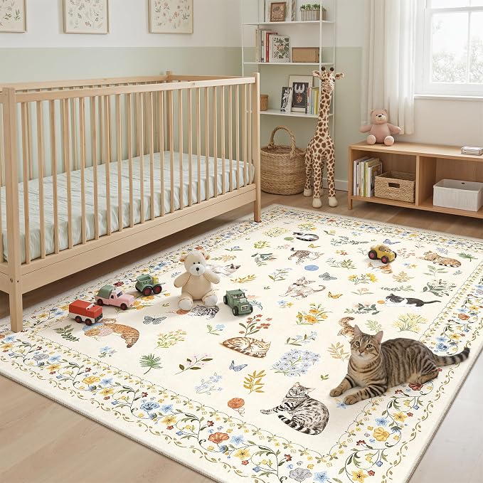 Soalmost Cat 5x7 Area Rugs for Living Room, Machine Washable Animal Floral - Image 2
