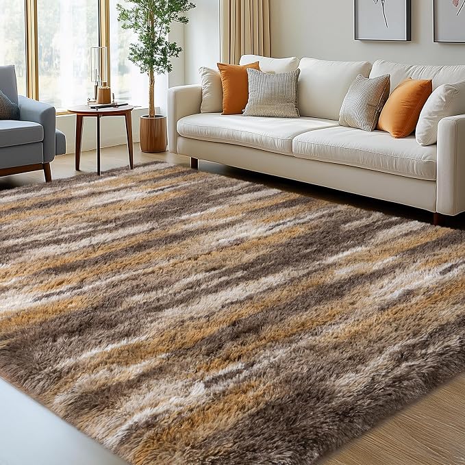 Fluffy Rugs for Living Room Bedroom, 5x7 Feet Abstract Brown Shag Area Rugs - Image 3