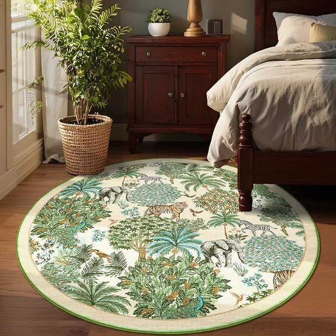 GarveeHome Jungle Round Washable Rugs 4ft Non-Slip Soft Round Rug - Image 3