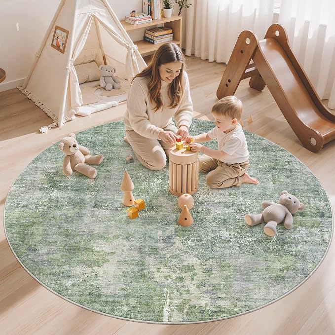 Soalmost 6x6 Green/Ivory Round Rug 6ft Living Room Circle Rug Vintage Round - Image 2