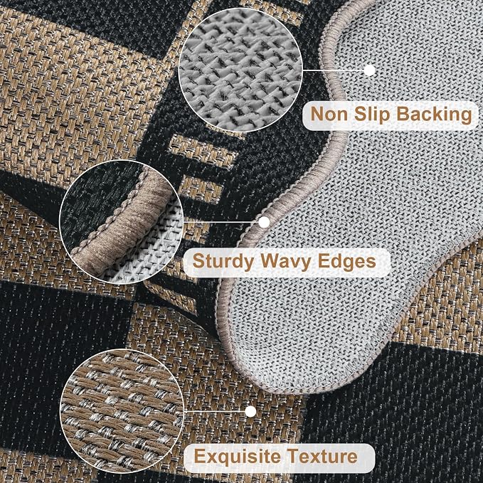 Checkered Easy Jute 4x6 Outdoor Patio Rug, Washable Indoor Outdoor Black - Image 4