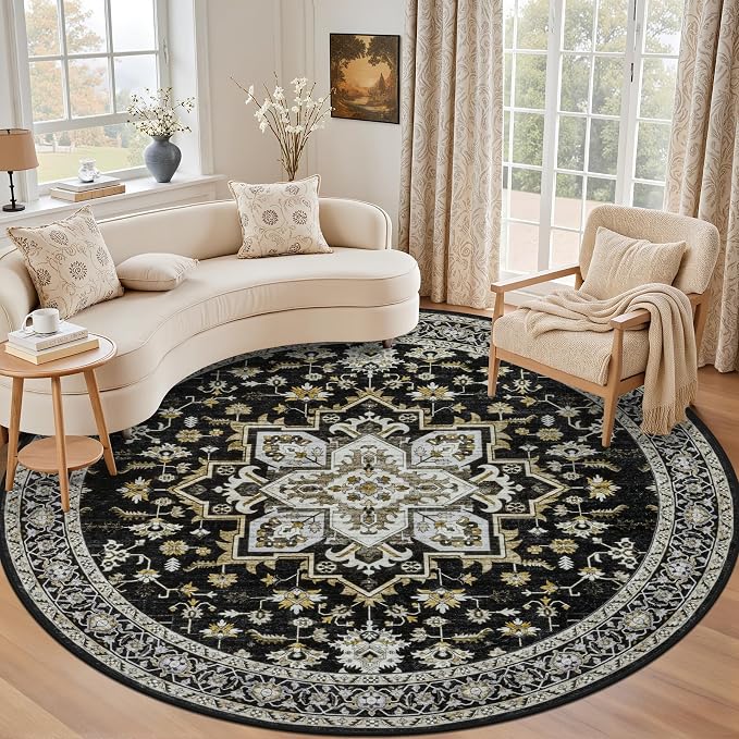 Round Area Rug for Living Room: 6ft Washable Vintage Boho Soft Thin Circle Rug by EXPEDIX